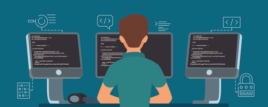 <img src=”technology-stack.jpg” alt=”Illustration eines Entwicklers von hinten vor drei Bildschirmen”>