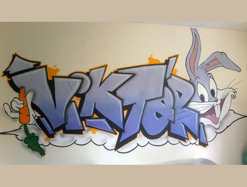 prénom enfant garçon tagué sur un mur avec bugz bunny