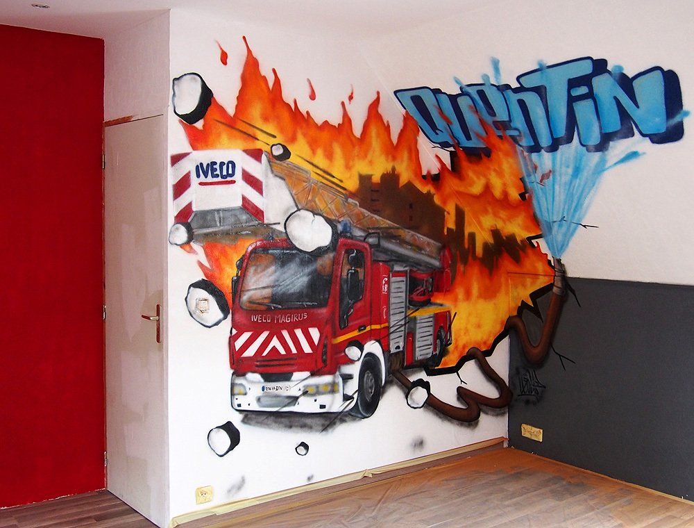 fresque murale enfant camion pompier