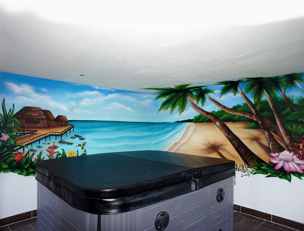 fresque murale île et cocotier