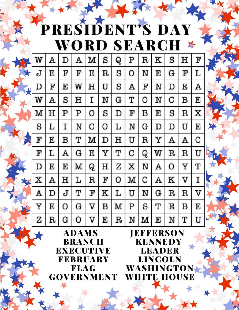 President s Day Word Search