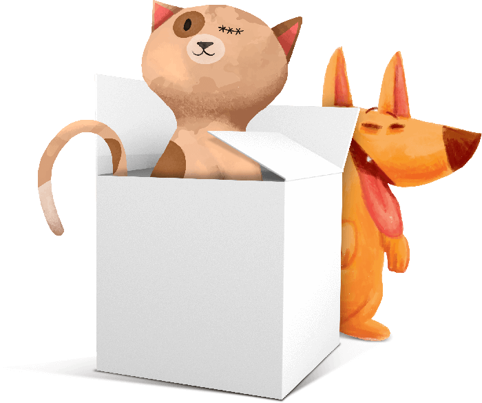 Gato y perro en caja 3d
