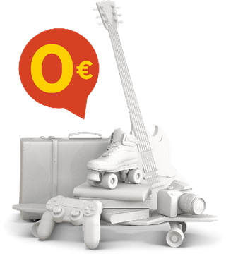 Composicion 3d de objetos como monopatón, guitarra, consola, maleta y signo de 0€