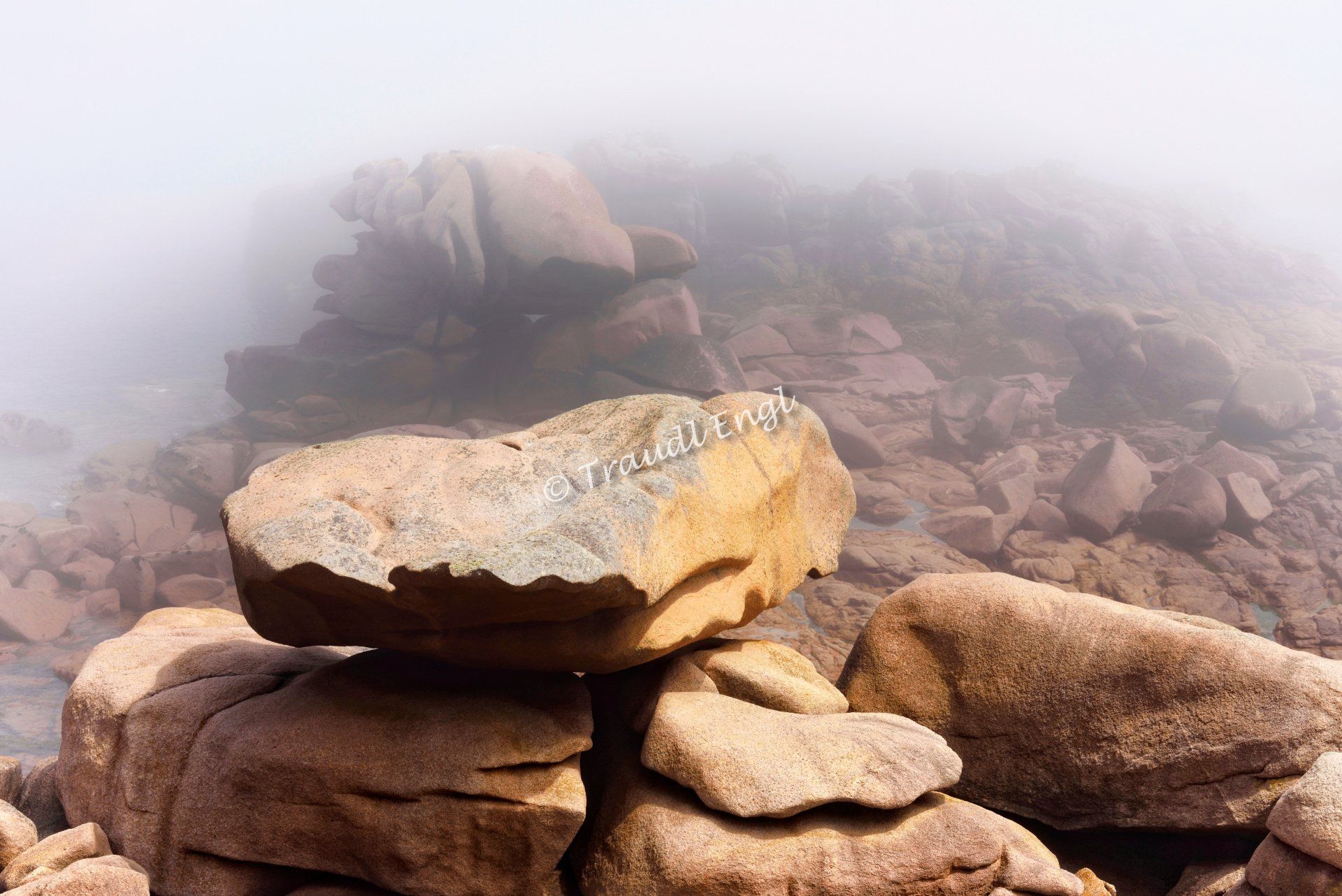Meeresküste, Steinküste, Felsenküste, Steinkolosse, Küstennebel, Nebel, Granitgestein rosa, Rosa Granitküste, Bretagne, Frankreich, Europa, Traudl Engl