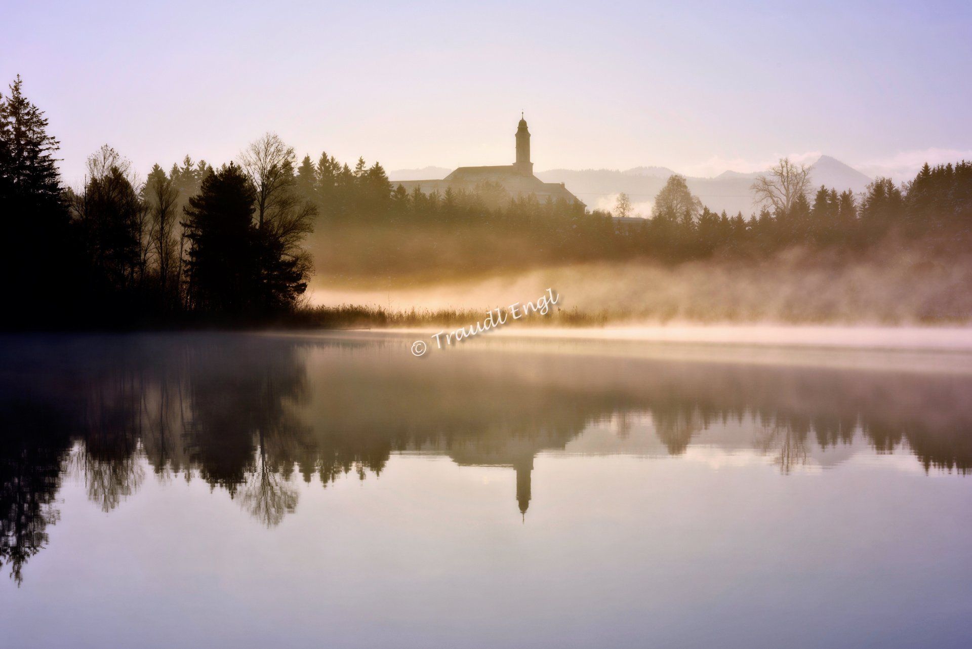 Moorsee, Natursee, Morgenstimmung, Morgenlicht, Nebel aufsteigend, Morgennebel, Wasserpiegelung, Kloster Reutberg, Kirchsee, Gewässer, Seenlandschaft, Ufervegetation, Bayern, Deutschland, Europa, Traudl Engl