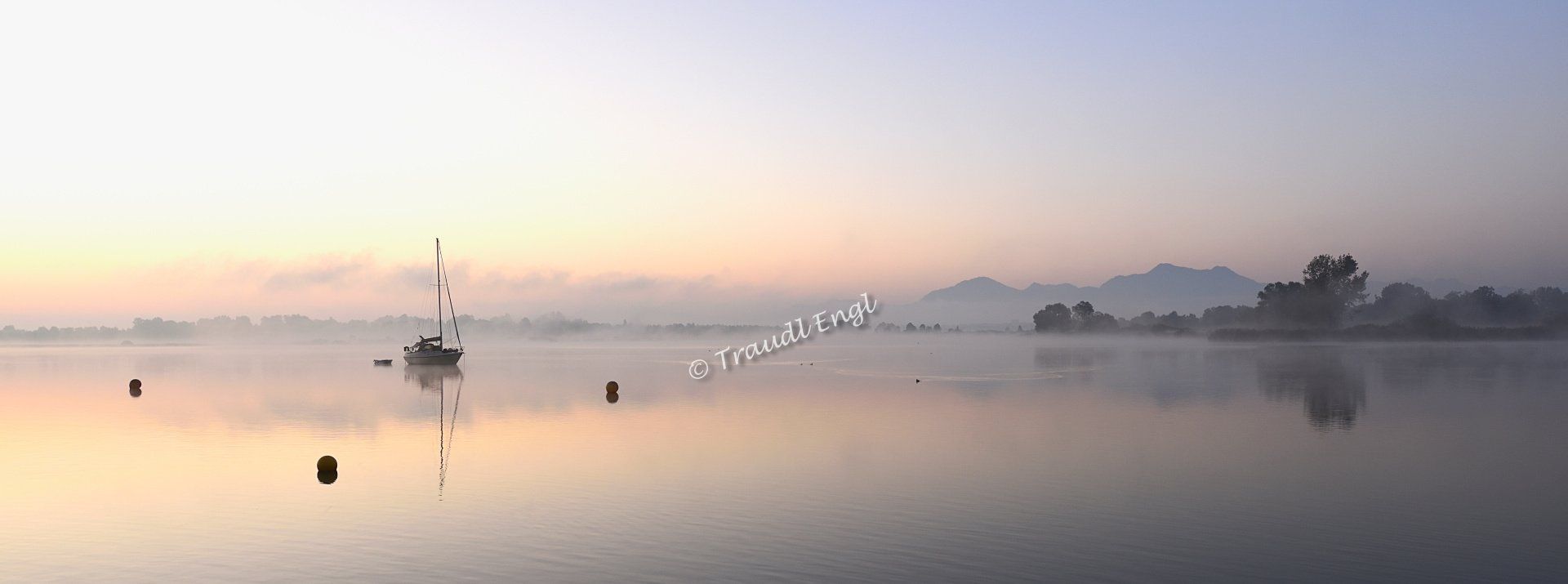 Seenlandschaft, Morgendämmerung, Morgenlicht, Nebel aufsteigend, Morgenstimmung, Segelboot ankernd, Morgenruhe, Ankerbojen, Ufervegetation, Chiemsee, Bayerisches Meer, Chiemgau, Bayern, Deutschland, Europa, Traudl Engl