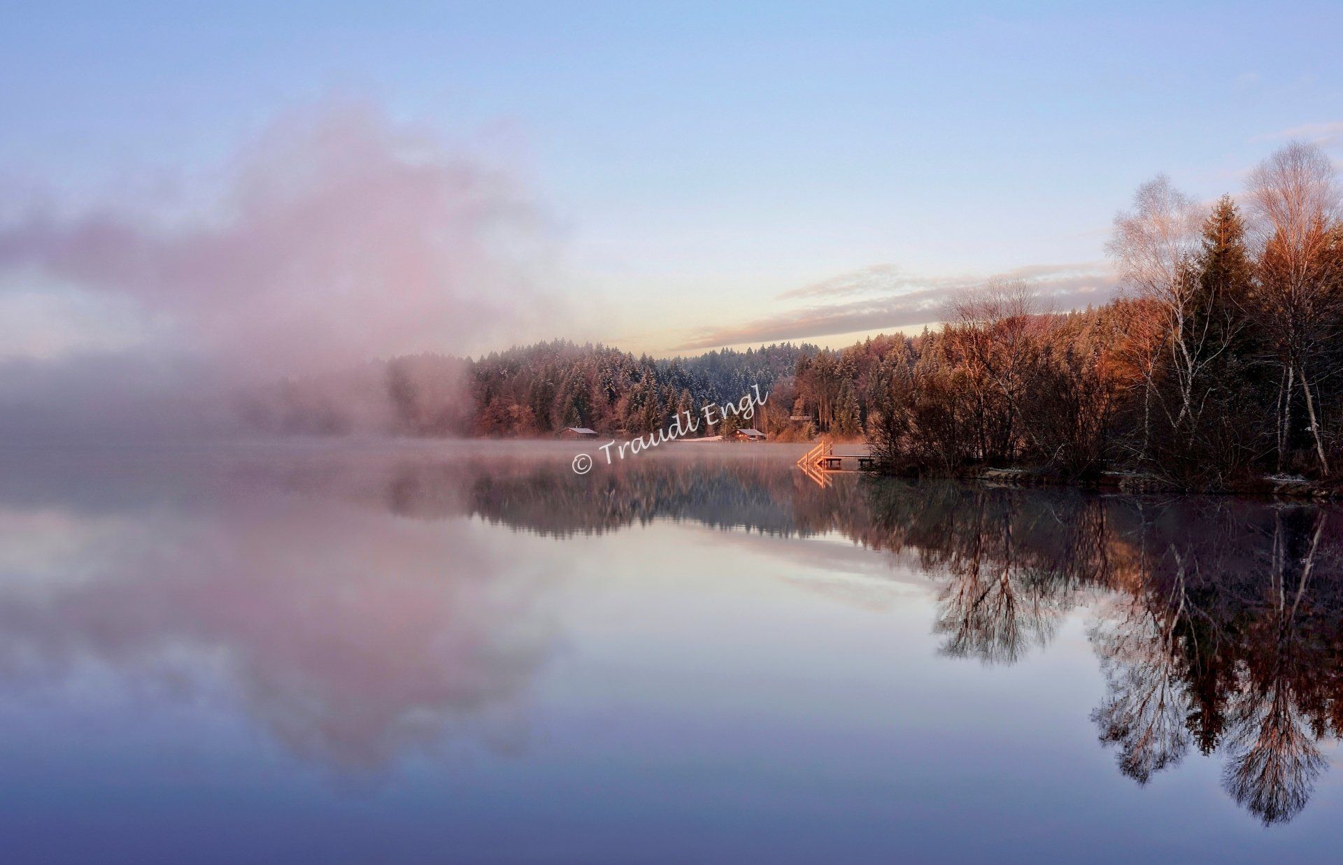 Seenlandschaft, Morgenlicht, Morgenstimmung, Nebel aufsteigend, Morgennebel, Nebelschwaden, Wasserspiegelung, Natursee, Moorsee, Gewässer, Ufervegetation, Wald, erster Schnee, Herbststimmung, Kirchsee,  Bayern, Deutschland, Europa, Traudl Engl