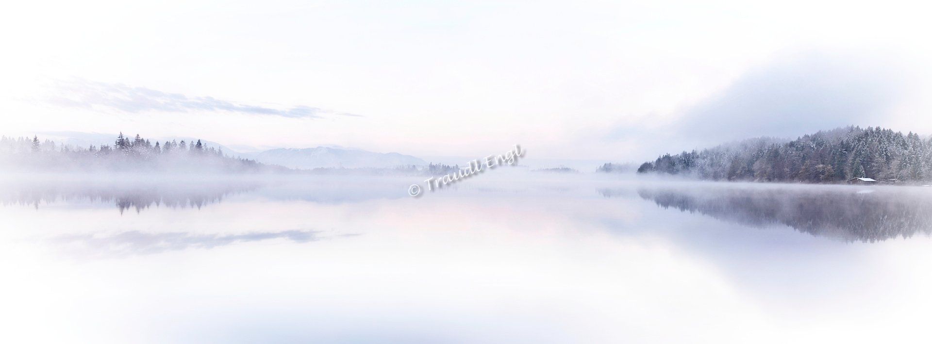 Seenlandschaft, Natursee, Morgenlicht, Tagesanbruch, Morgenstimmung, Nebel aufsteigend, Morgennebel, Nebelschwaden, Wasserspiegelung, Moorsee, Kirchsee, Gewässer, See in Bayern, Bayern, Deutschland, Europa, Traudl Engl