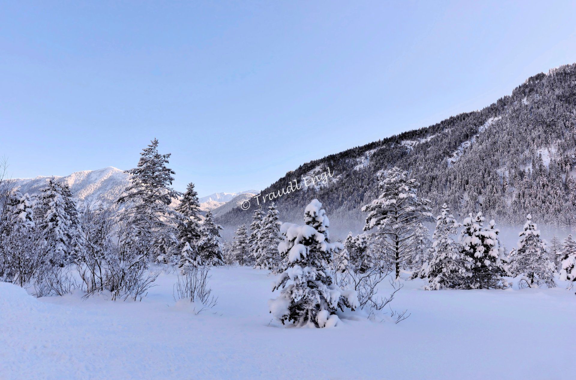 Winterlandschaft, Schneelandschaft, Wintertraum, weiße Pracht, Morgenstimmung, Oberes Isartal, Karwendelvorgebirge, Isarwinkel, Fauna-Flora-Habitat, FFH-Gebiet, Bayern, Deutschland, Europa, Traudl Engl