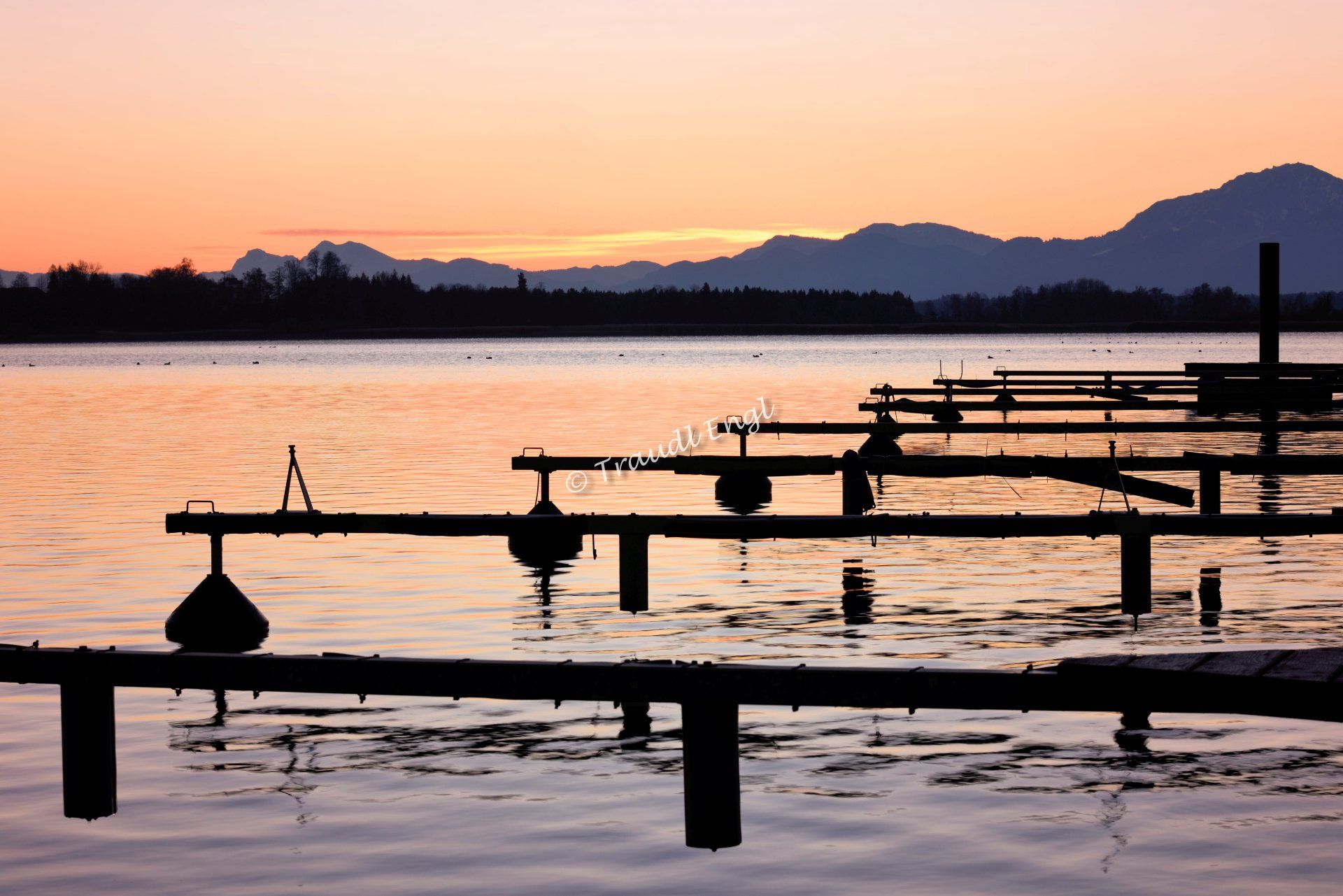 Seenlandschaft, Morgenlicht, Morgenstimmung, Bootsanlegestelle, Chiemsee, Bayerisches Meer, Chiemgau, Bayern, Deutschland, Europa, Traudl Engl