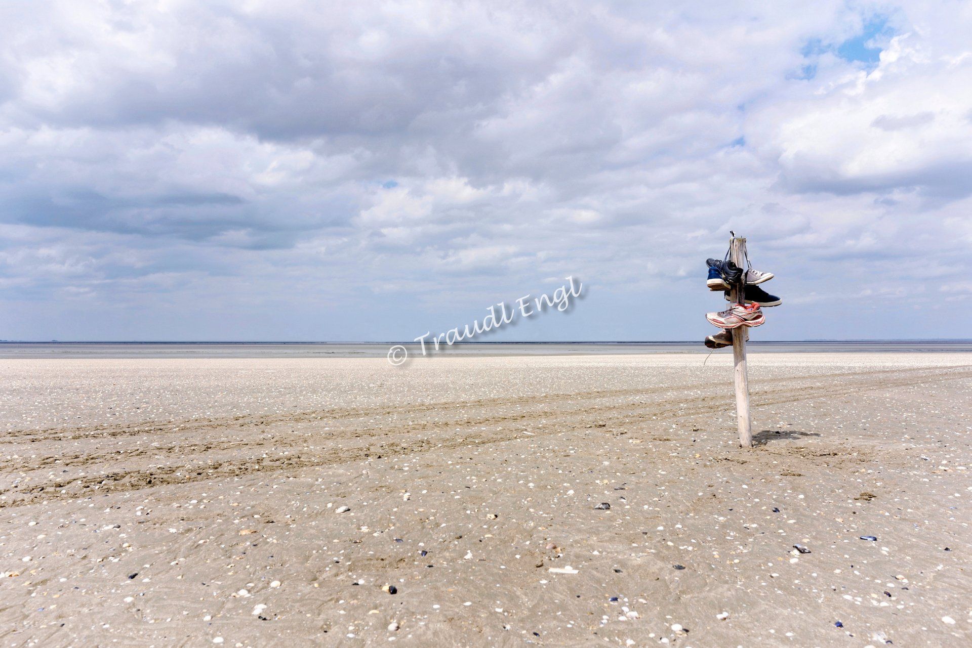 Meeresküste, Sandstrand,Holzpflock mit angehängten Schuhen, Sportschuhe, Bucht von Mont-St-Michel, Normandie, Frankreich, Europa, Traudl Engl
