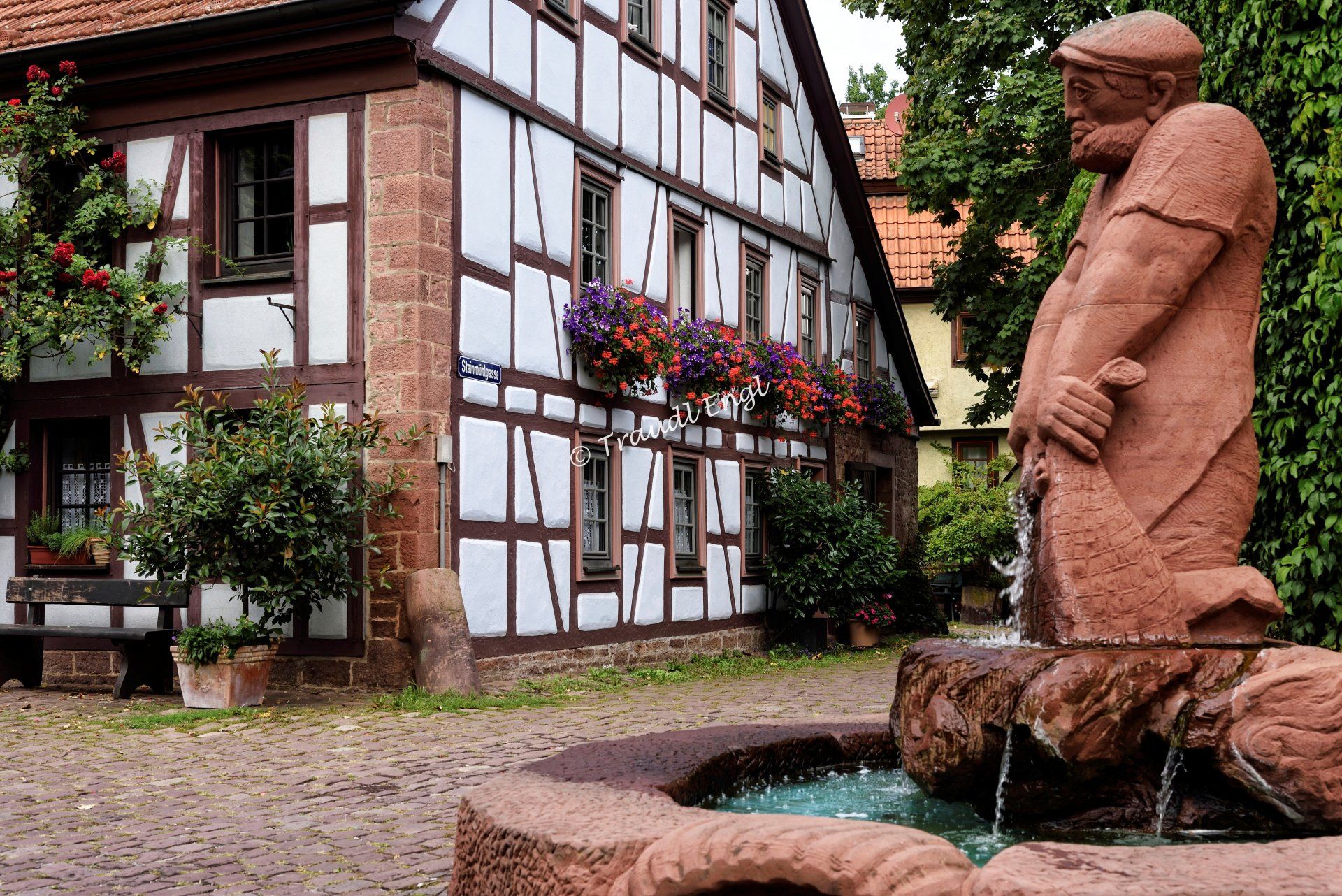 Fachwerkfassade, fränkisches Fachwerkhaus, Fischerbrunnen, Zierbrunnen, Stadtansicht, Lohr am Main, Bayern, Deutschland, Europa, Traudl Engl