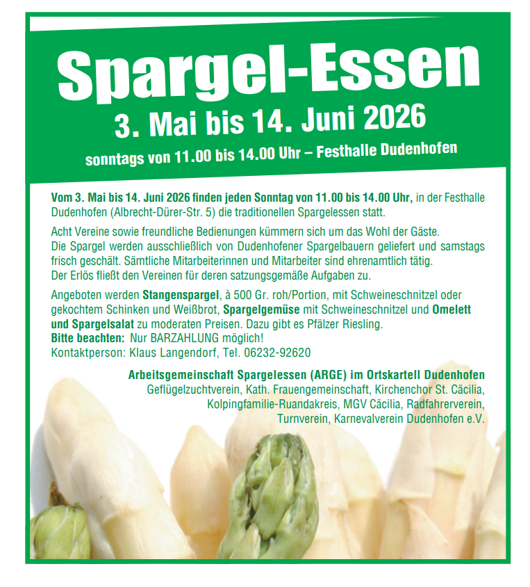 Besuchen Sie das Spargel-Essen in Dudenhofen 2026
