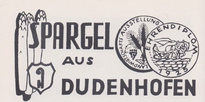 Willkommen im Spargel.Land Dudenhofen Spargel aus Dudenhofen - Label ca. 1975 und historisches OK-Logo