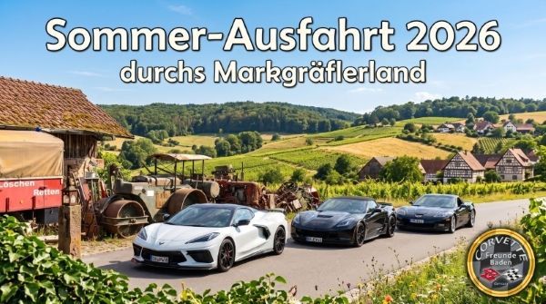 Mehrere Corvette Sportwagen geparkt auf dem Kreiterhof im Markgräflerland während der Sommerausfahrt