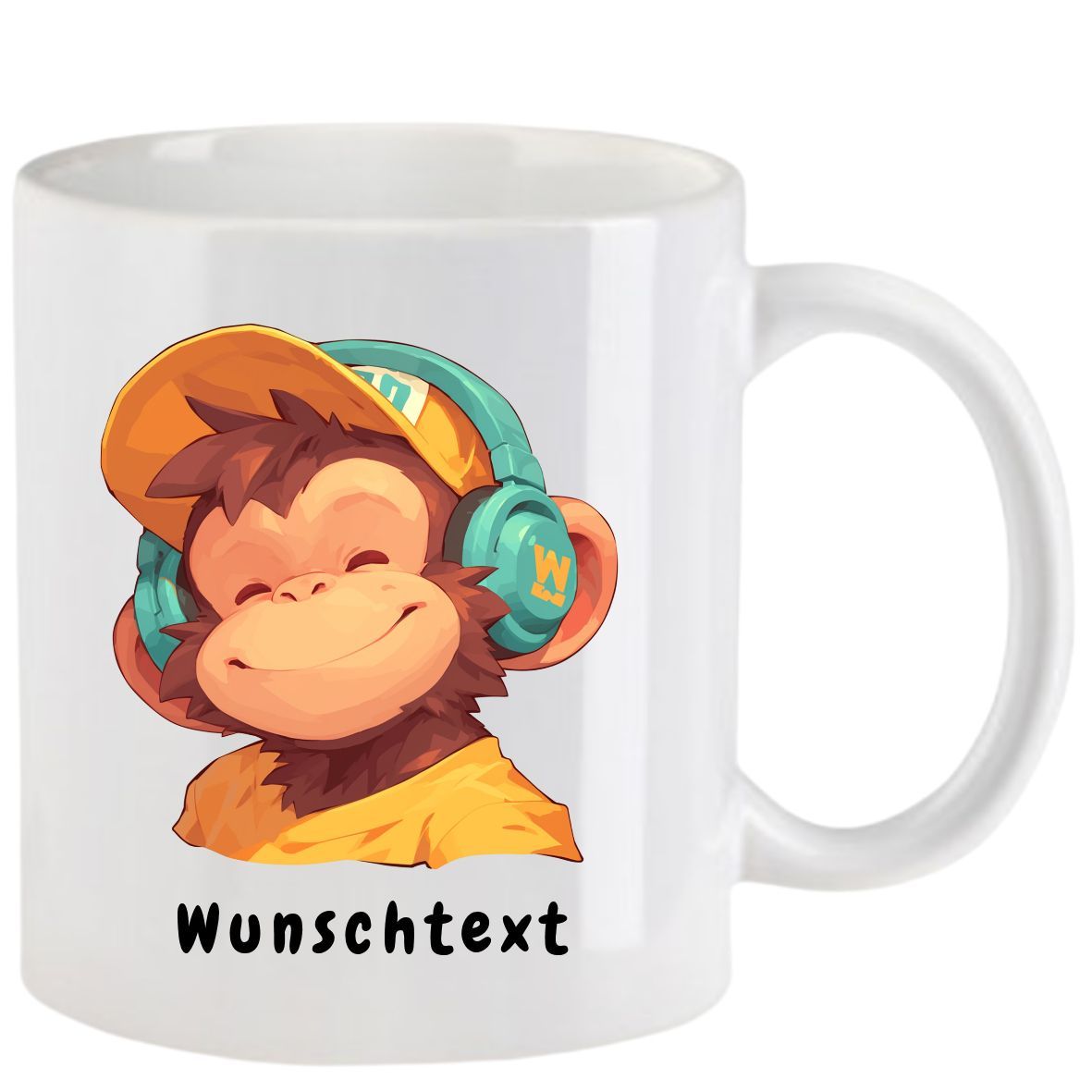 Weißer Becher mit einem Comic-Affen, der Kopfhörer und einen Hut trägt; darunter der Text „Wunschtext“.