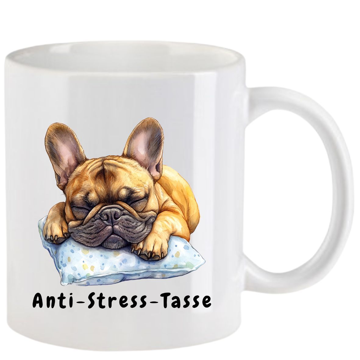 Weiße Tasse mit schlafender französischer Bulldogge auf blauem Kissen, Aufschrift „Anti-Stress-Geschmack“.