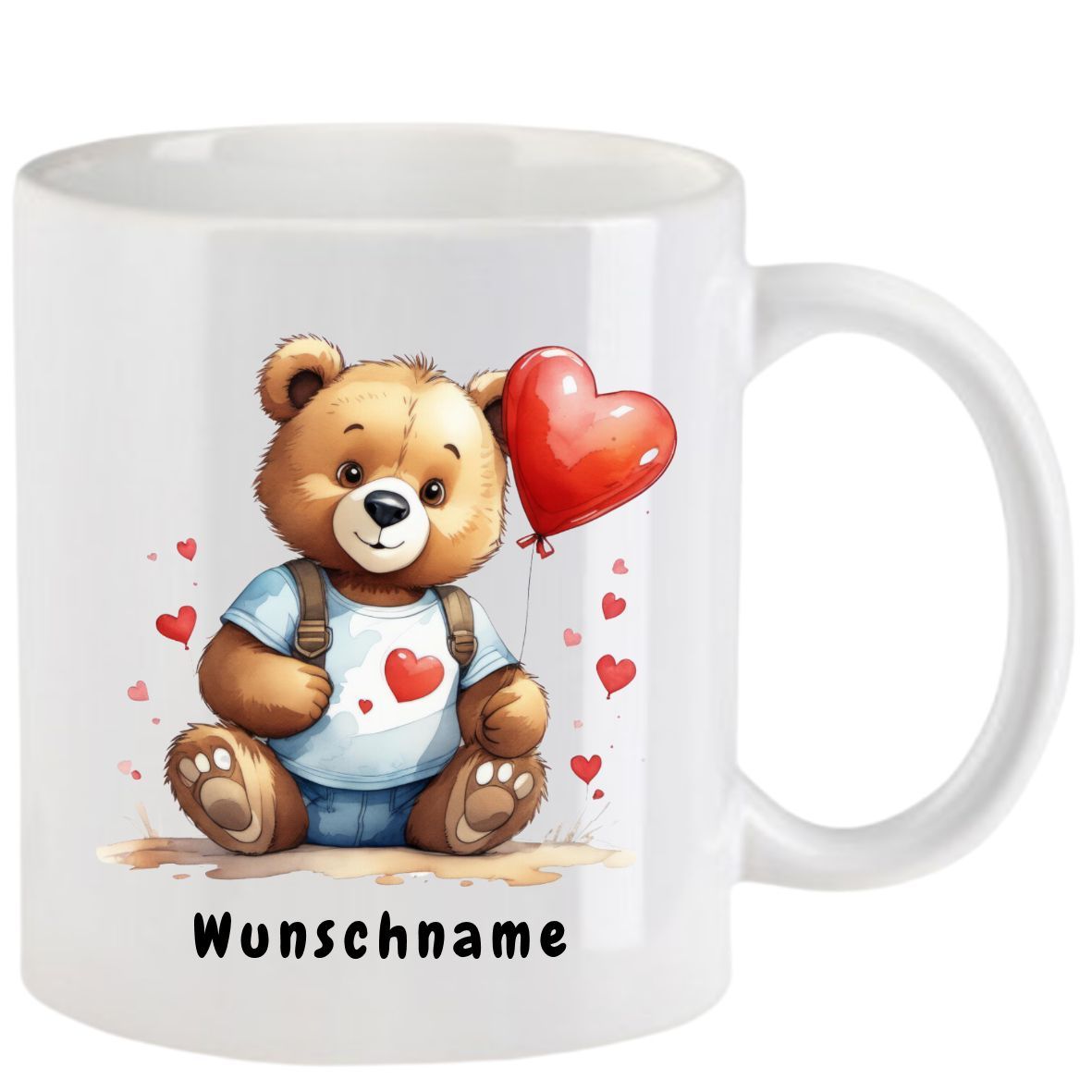 Weißer Becher mit einem Teddybären, der einen roten Herzballon hält. Unten steht „Wunschname“.