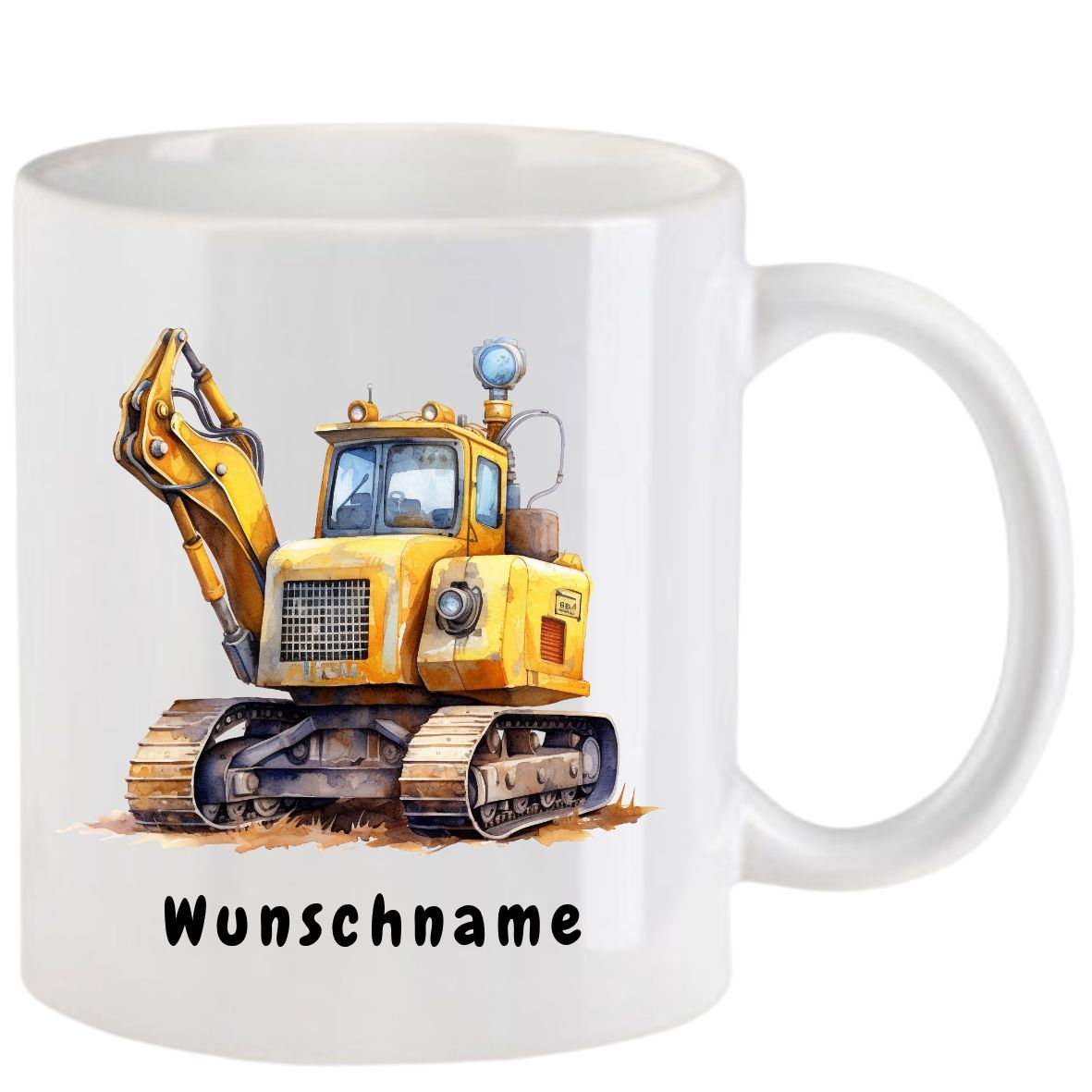 Weißer Becher mit gelber Baggerabbildung und dem Text „Wunschname“.