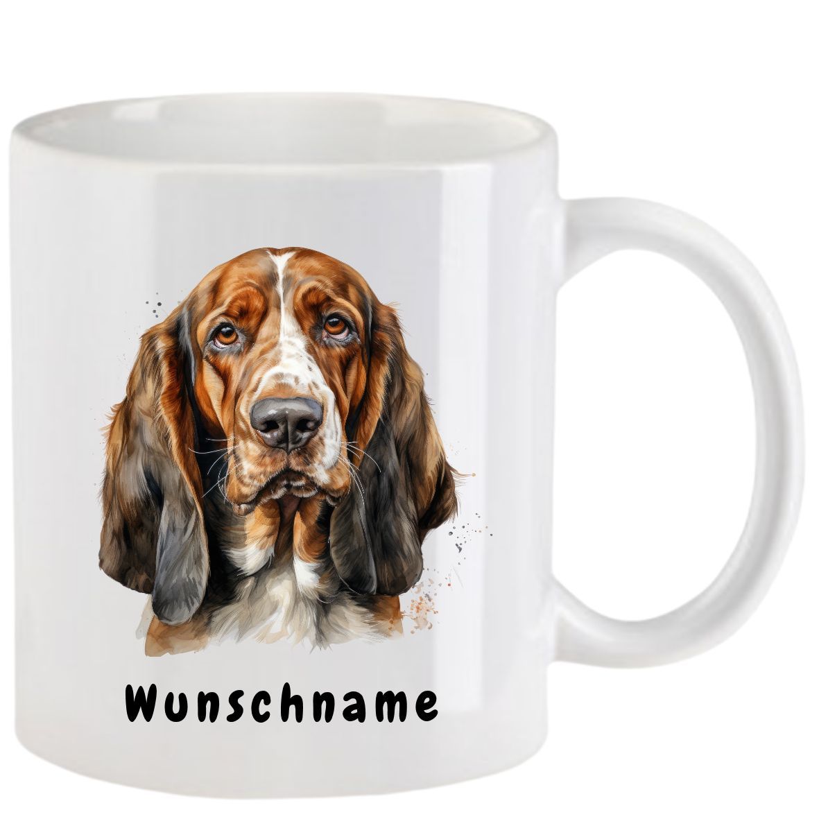 Weißer Becher mit einem Basset-Hound-Porträt, darunter der Text 