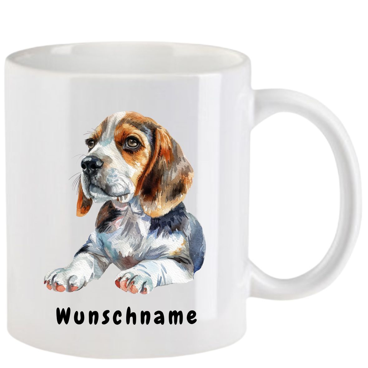 Weißer Becher mit einer Aquarellillustration eines Beagles und dem Text 