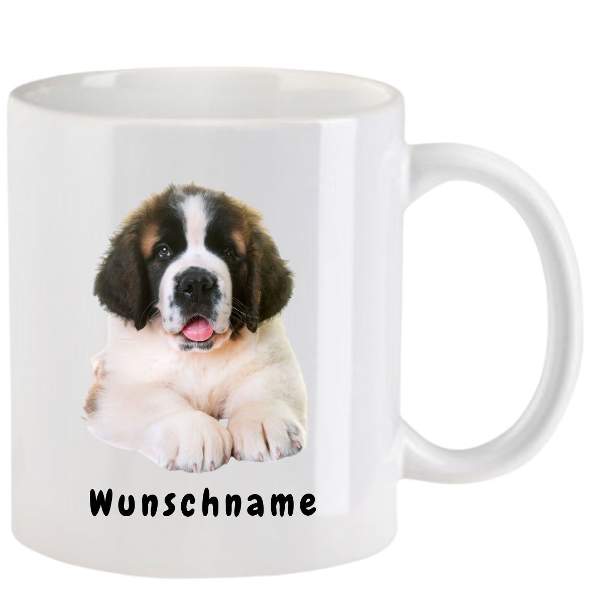 Weißer Becher mit einem Bernhardinerwelpen und dem Schriftzug „Wunschname“ darunter.