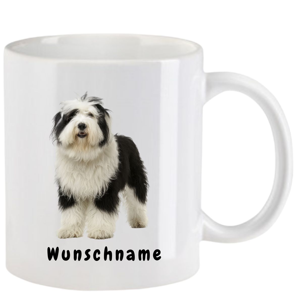 Weißer Becher mit einem schwarz-weißen Bobtail und dem Wort „Wunschname“.