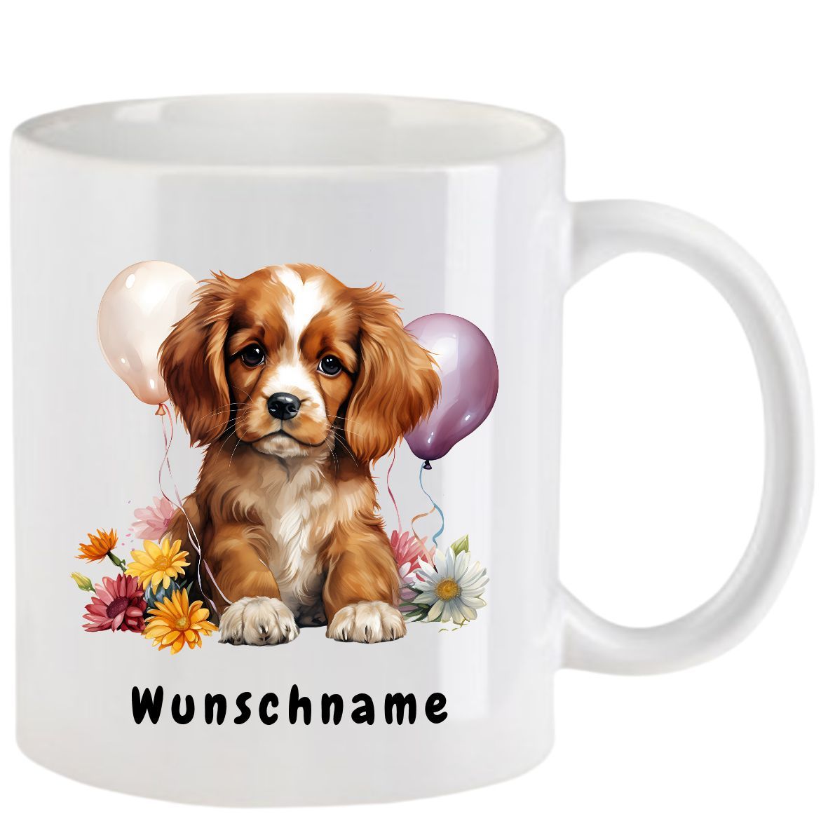 Weißer Becher mit einem braun-weißen Welpen, Luftballons, Blumen und dem Schriftzug „Wunschname“.