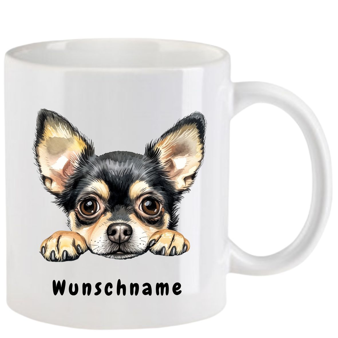 Weißer Becher mit einer schwarz-braunen Chihuahua-Grafik, der mit der Pfote über den Rand kratzt; Text 