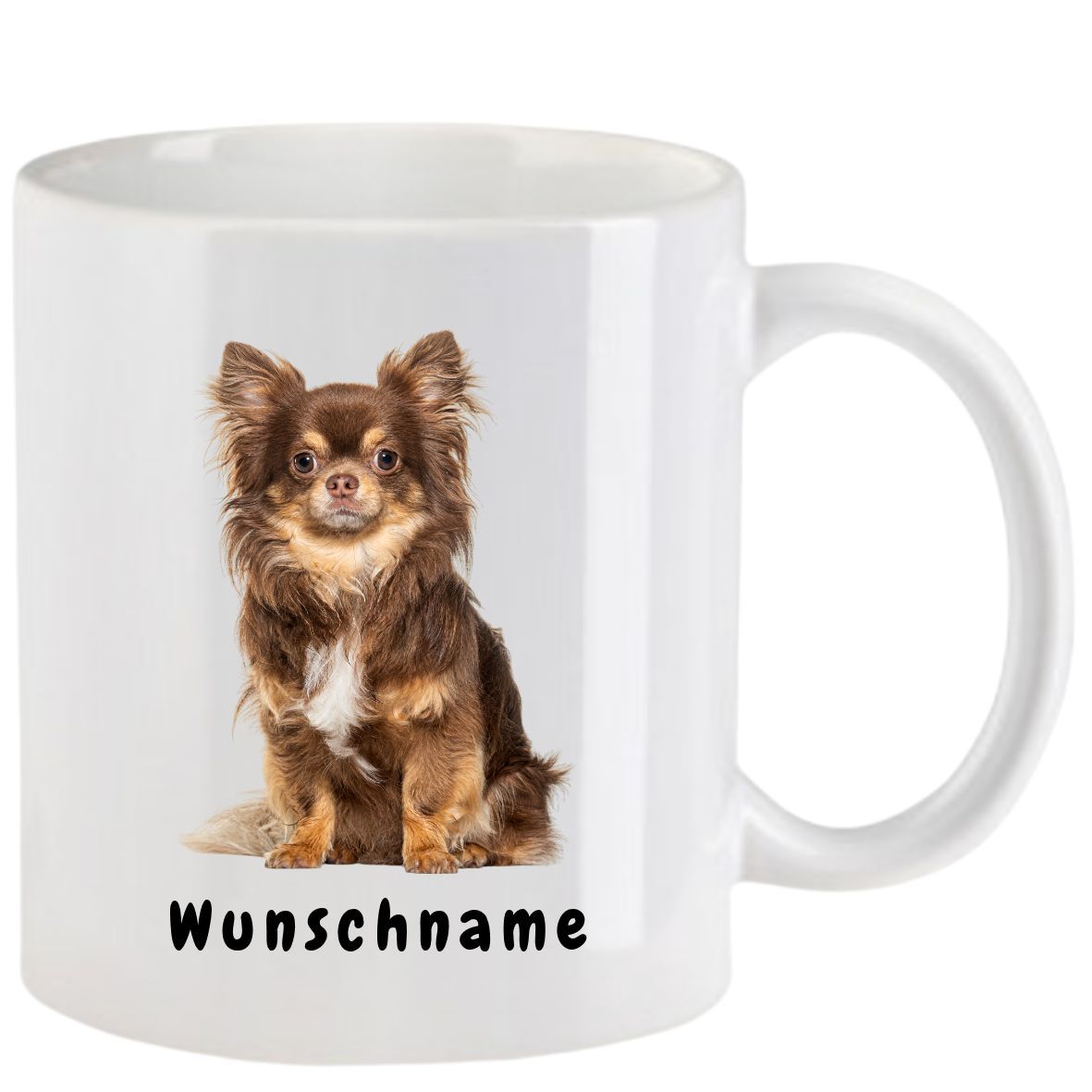 Weißer Becher mit einem braunen Chihuahua-Hund und dem deutschen Wort „Wunschname“.