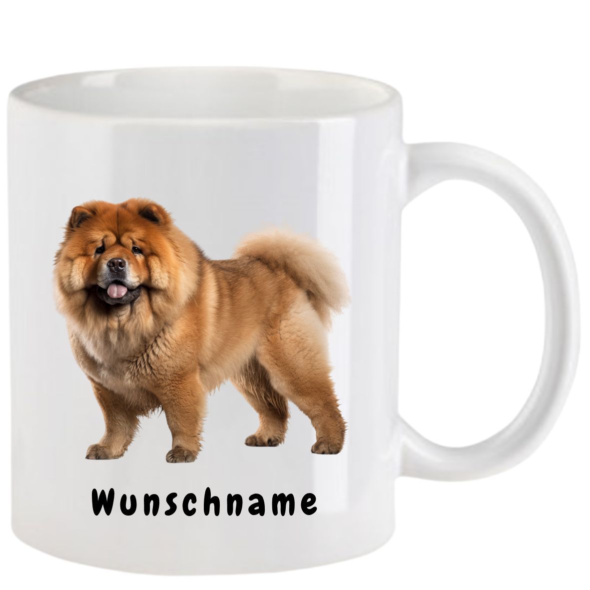 Weißer Becher mit einem Chow-Chow-Hund und dem Wort „Wunschname“.