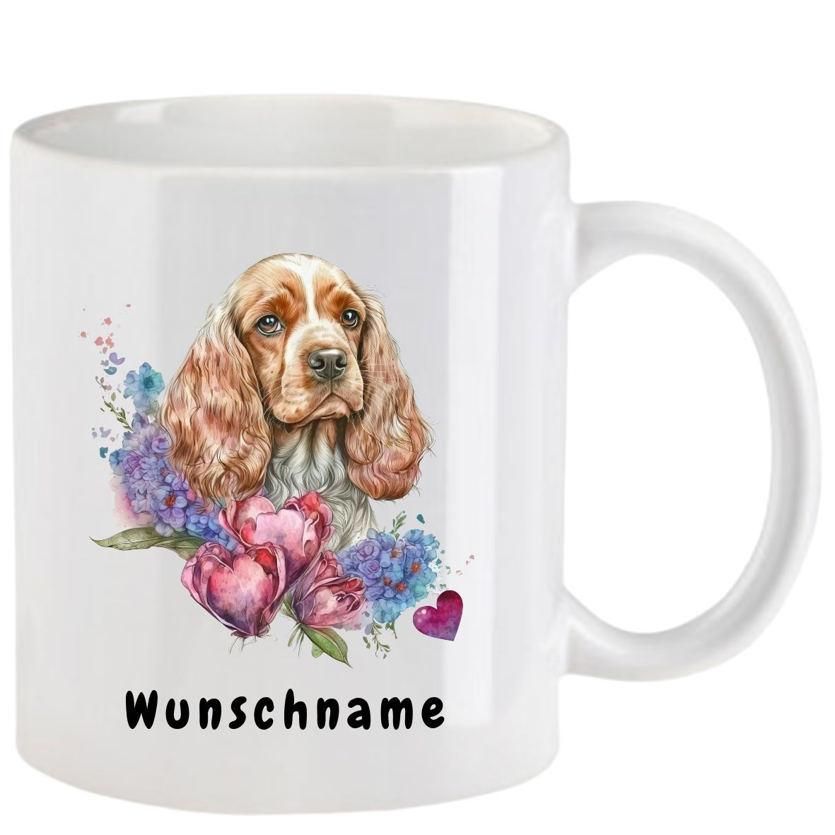 Weißer Becher mit einem Cocker Spaniel-Porträt und floralem Muster; der Text lautet 
