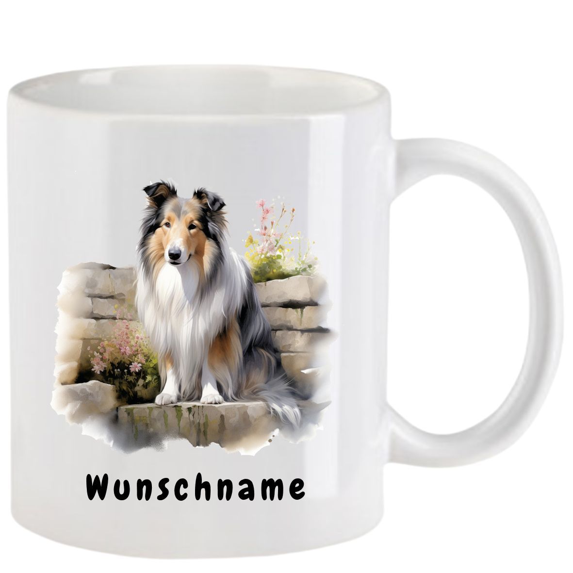 Weißer Becher mit einer Collie-Hundeillustration und dem Text 