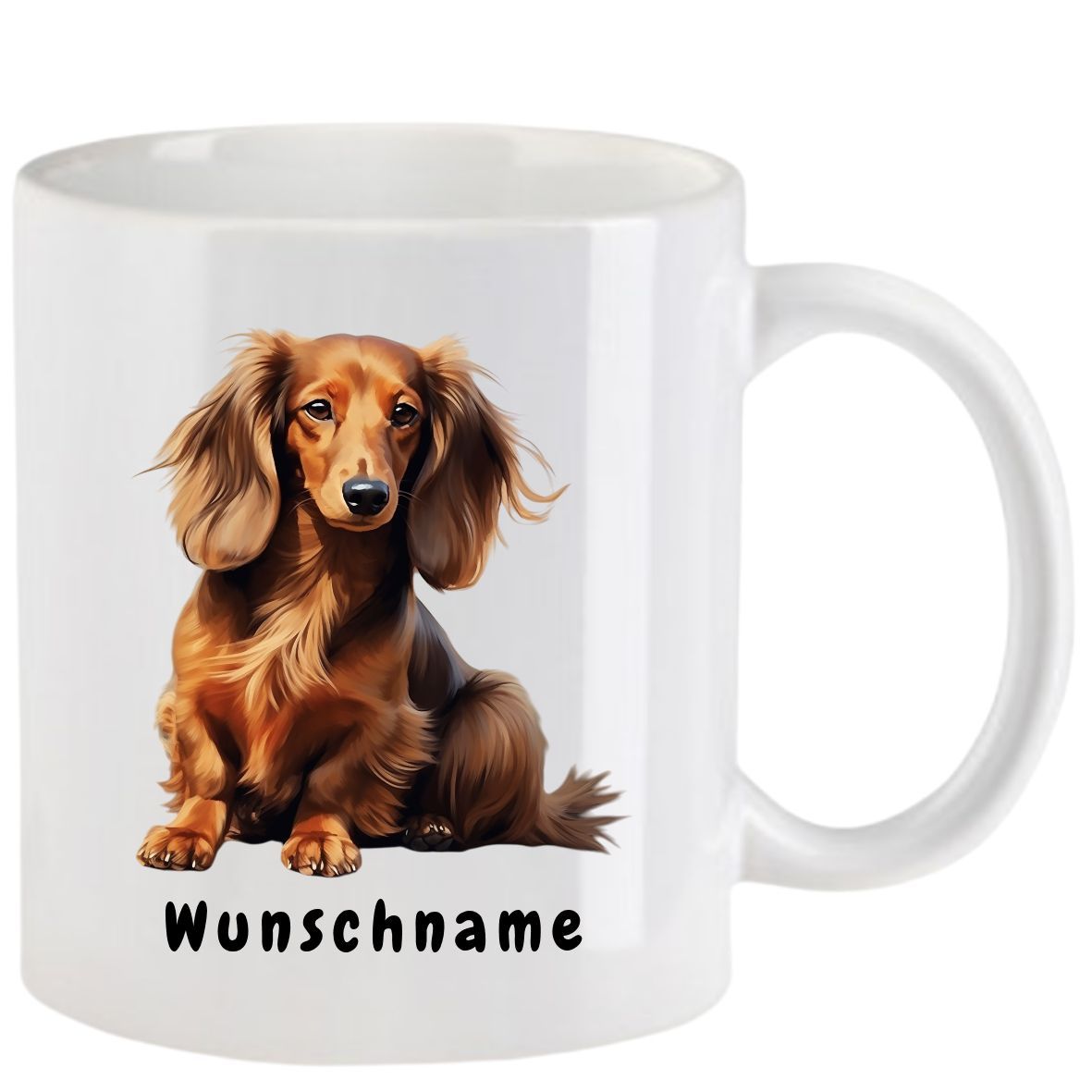 Weißer Becher mit einem langhaarigen Dackel und dem deutschen Wort „Wunschname“.