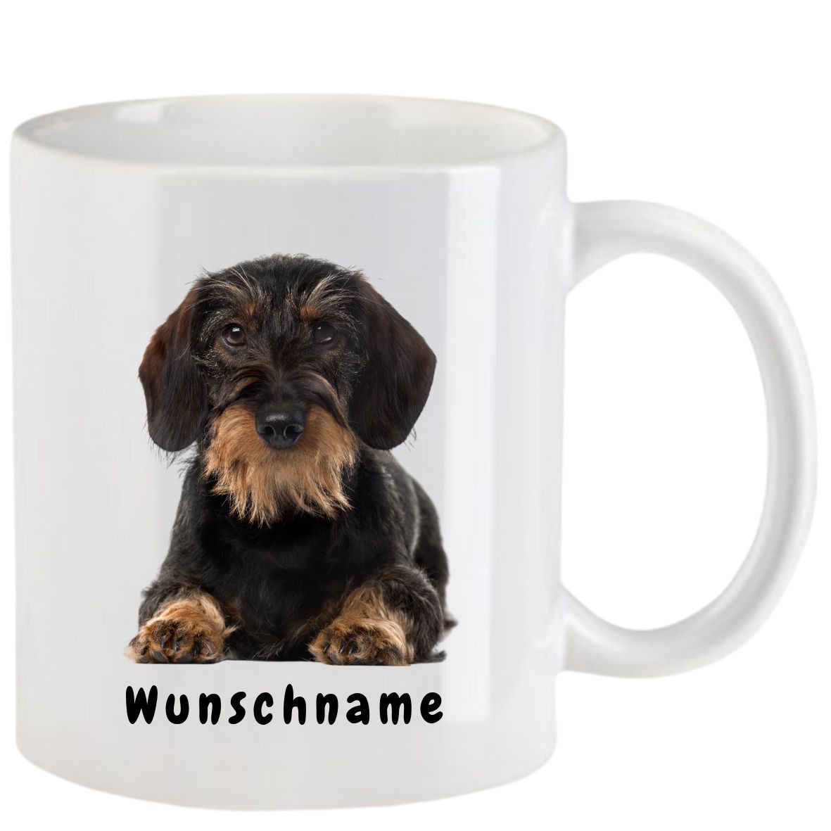 Weißer Becher mit einem Drahthaardackel und dem Wort „Wunschname“ am Boden.