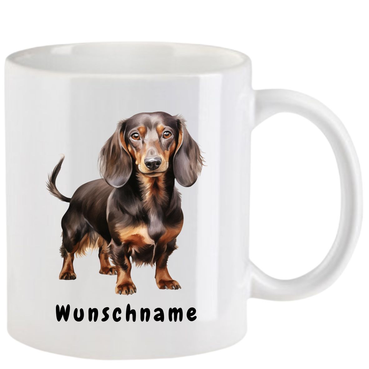 Weißer Becher mit einem Dackelmotiv und dem Wort „Wunschname“.
