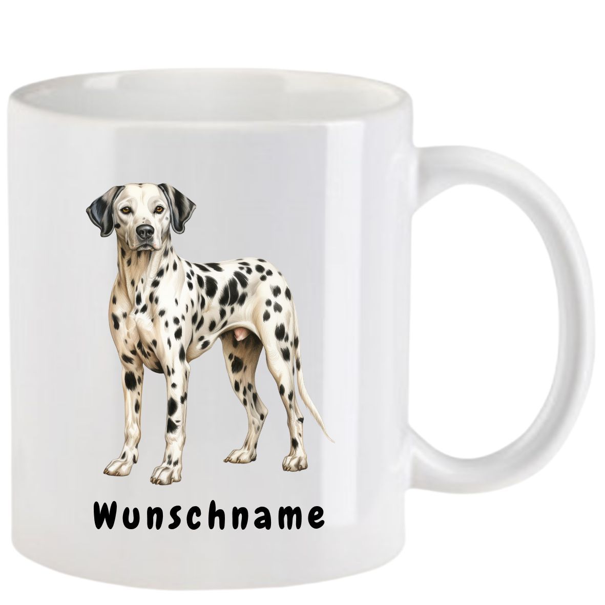 Weißer Becher mit einer Abbildung eines Dalmatinerhundes und dem Wort „Wunschname“ darunter.