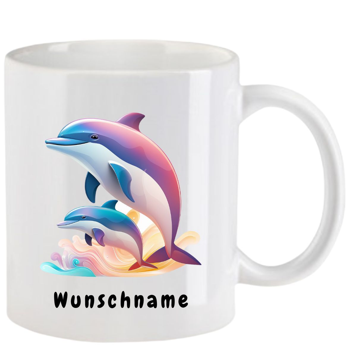 Weißer Becher mit Delfinabbildung und dem Schriftzug „Wunschname“.