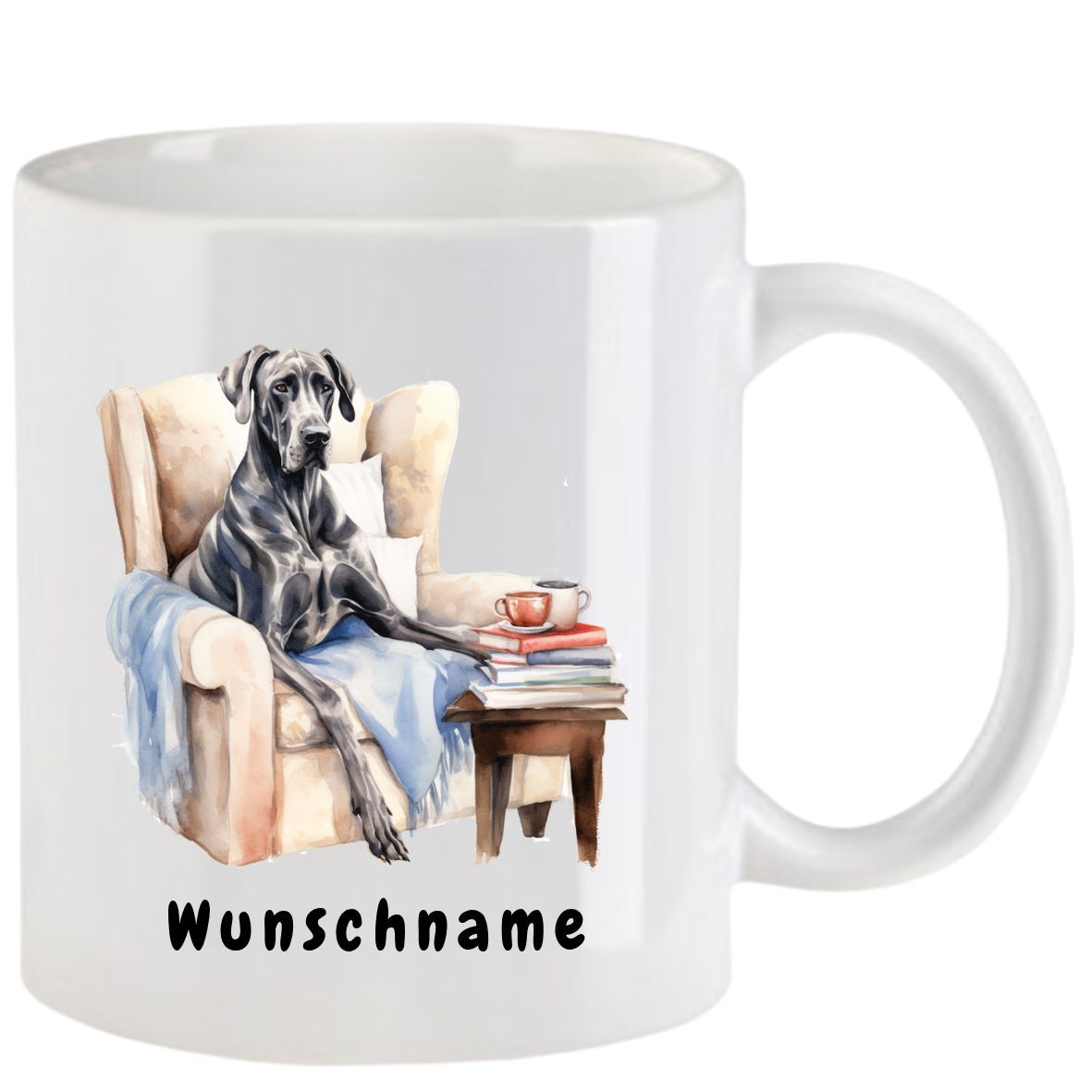 Tasse mit Aquarell einer Deutschen Dogge auf einem Stuhl, Schriftzug „Wunschname“.