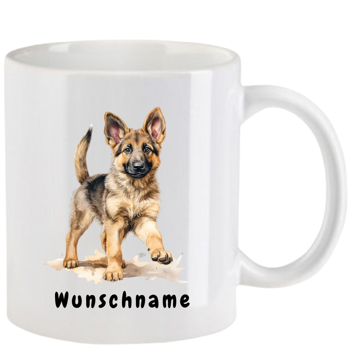 Weißer Becher mit einem Deutschen Schäferhundwelpen und dem Aufdruck „Wunschname“.