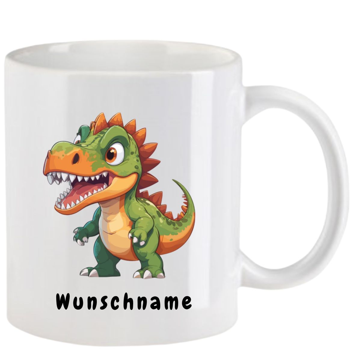 Weißer Becher mit grünem Comic-Dinosaurier und dem Text 
