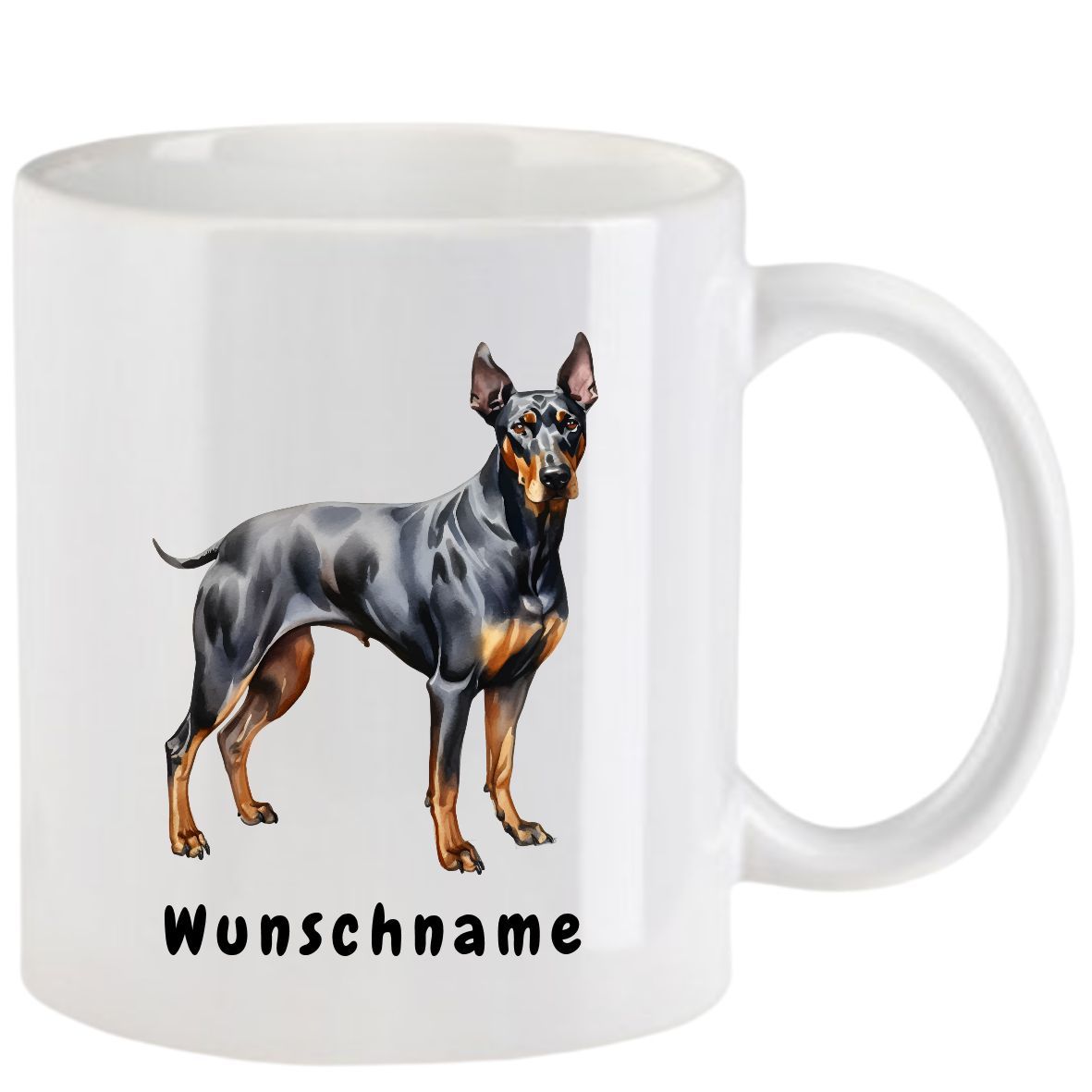 Weißer Becher mit einer schwarz-braunen Hundeabbildung und dem Wort „Wunschname“.