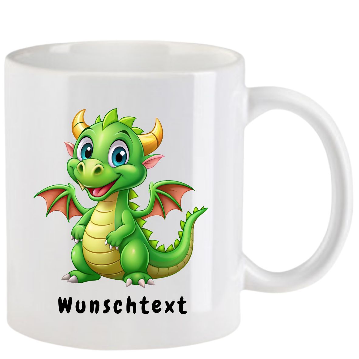 Weißer Becher mit einem grünen Comic-Drachen und dem Text 