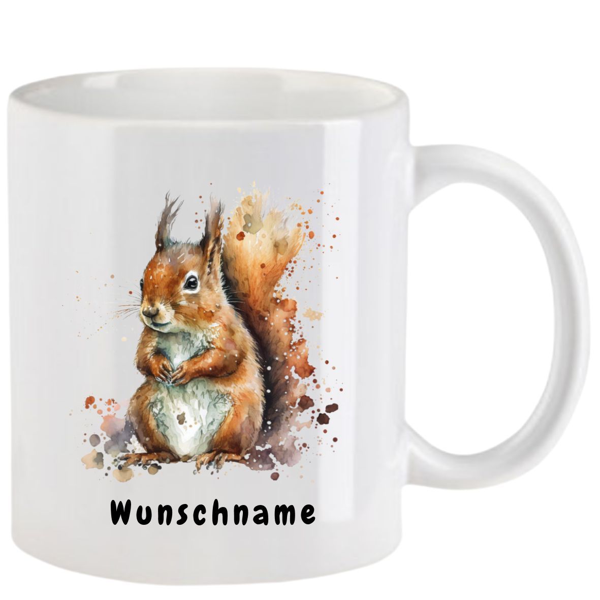 Weißer Becher mit einem Eichhörnchenmotiv im Aquarellstil und dem Text 