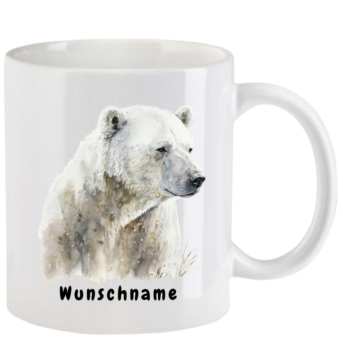 Weißer Becher mit einem Eisbären im Aquarellstil und dem Wort „Wunschname“ in Schwarz.
