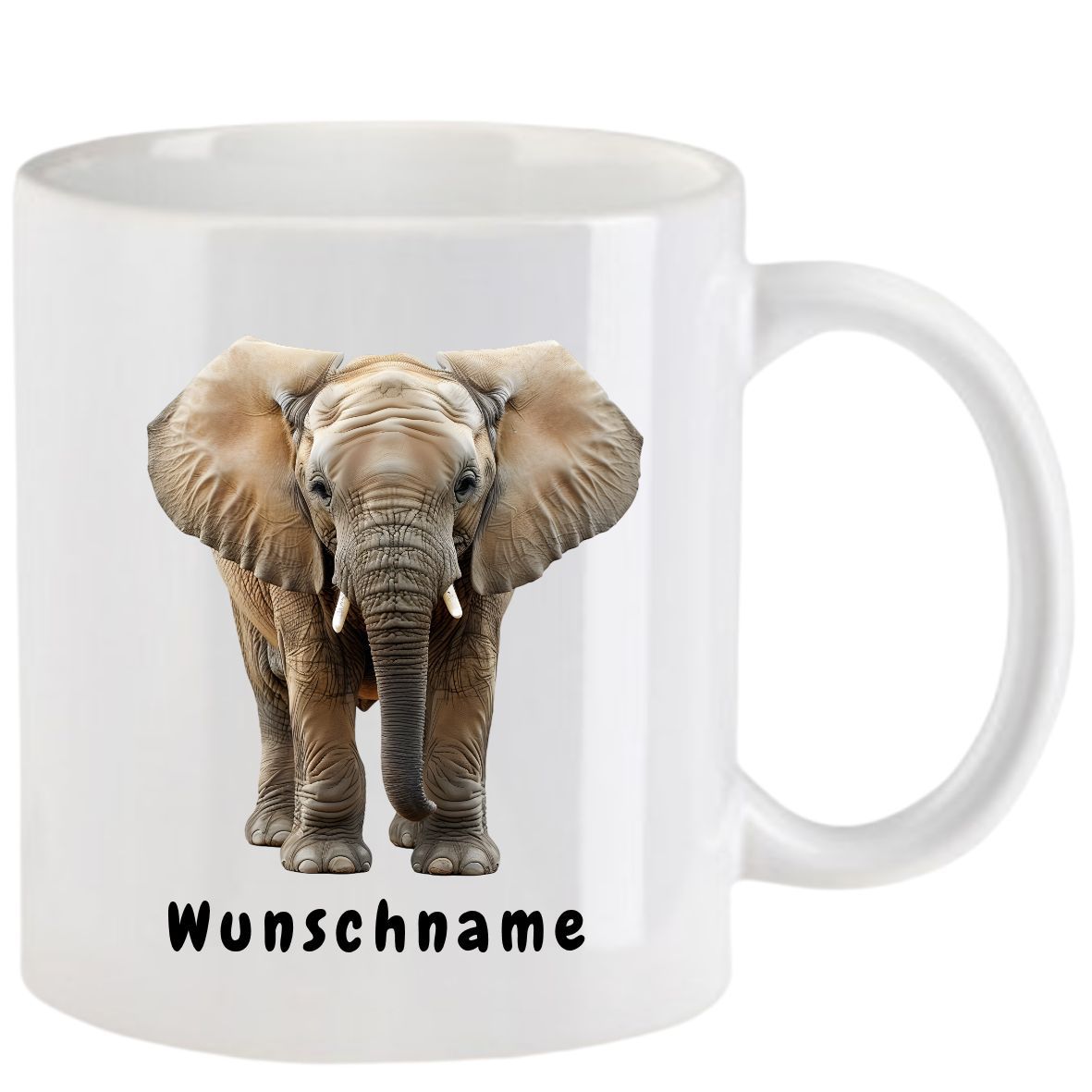 Weißer Becher mit einem Elefantenbild und dem Wort „Wunschname“.