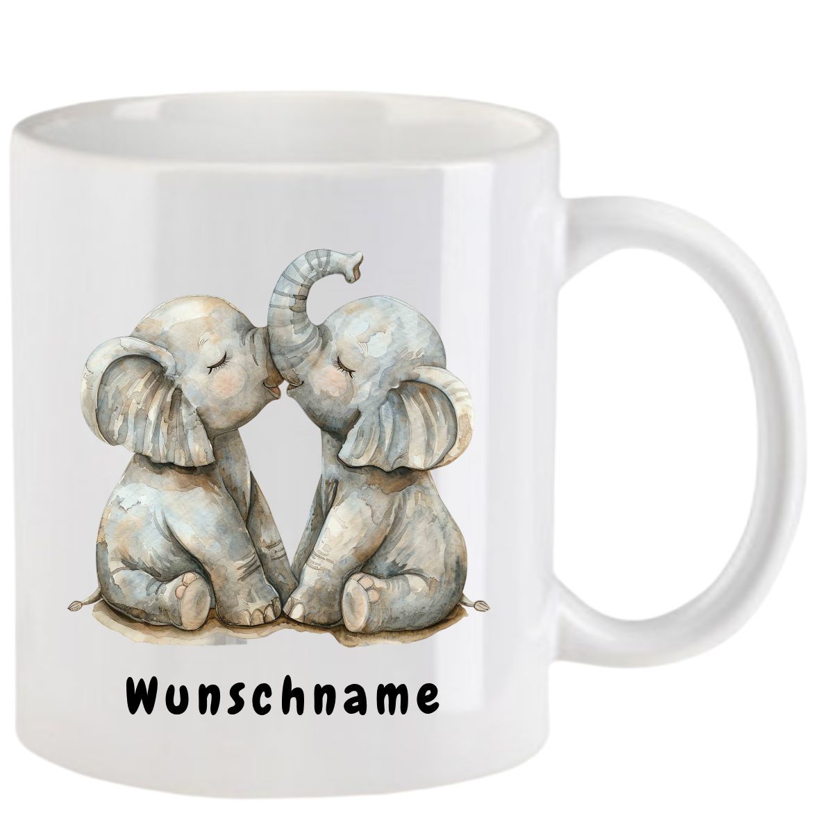 Weißer Becher mit zwei Aquarell-Elefantenillustrationen, einer davon mit erhobenem Rüssel. Text: 