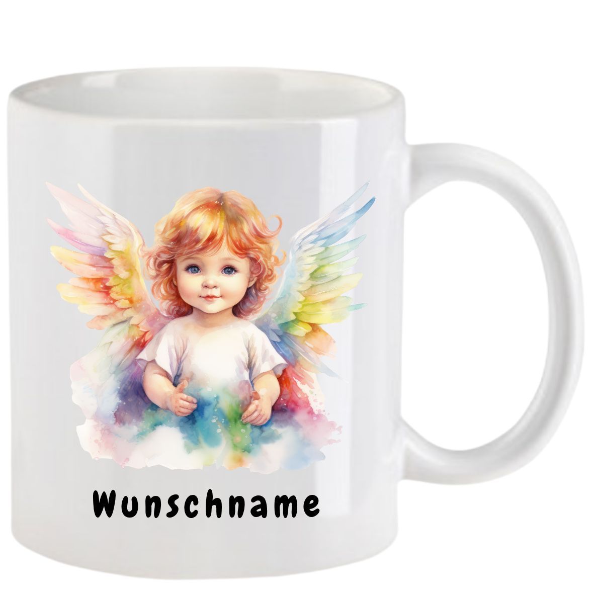Weißer Becher mit einer Aquarell-Engelsillustration und dem Wort „Wunschname“.