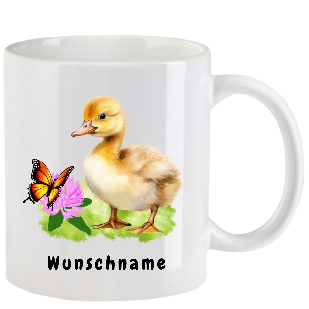 Weißer Becher mit einem gelben Entlein und einem Schmetterling, unten das deutsche Wort „Wunschname“.