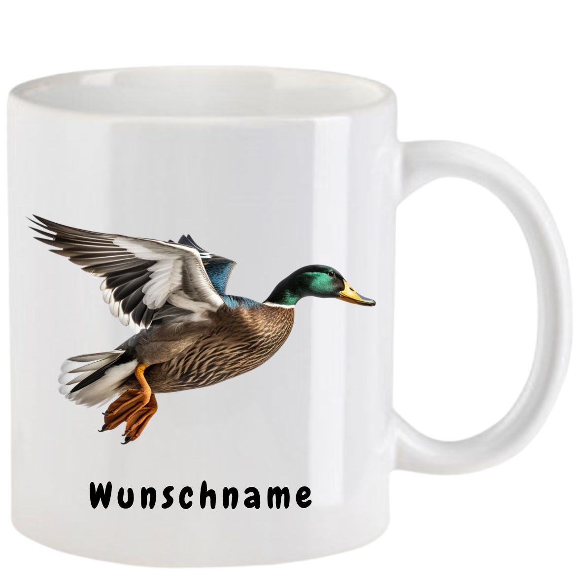 Weißer Becher mit einer fliegenden Stockente; darunter steht „Wunschname“.